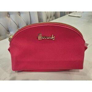 Harrods Pink Textured Makeup Bag With Gold Zipper Closure & Logo